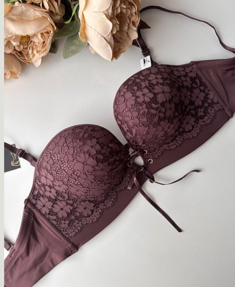 Marissa İthal Dantelli El Cuplı Double Push-up Silikonlu Askılı/Askısız Sütyen Acı Kahve - 85B
