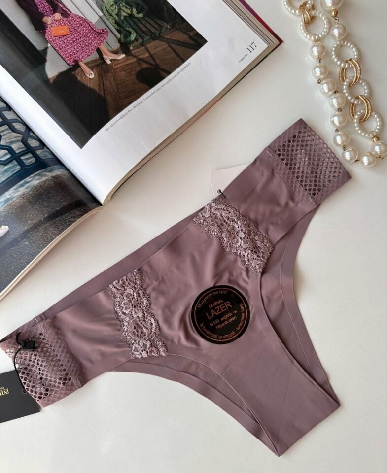 Orijinal Lazer Kesim Üstün Kalite Spandex Invisible Dikişsiz Dantelli Slip- 2804 Gül Kurusu - M