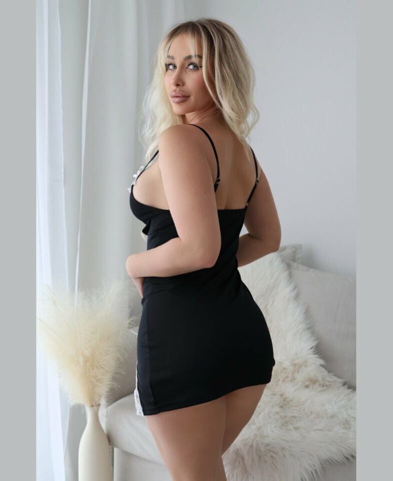 Beleng Yan Derin Yırtmaçlı Dantell Mini Gecelik/Babydoll-Kırmızı-Saks/Siyah Siyah - L/XL