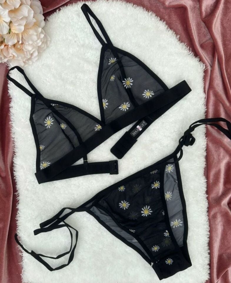 Daisy Kadın Tül Papatya Desenli Transparan Bralet Takım Mavi - L/XL