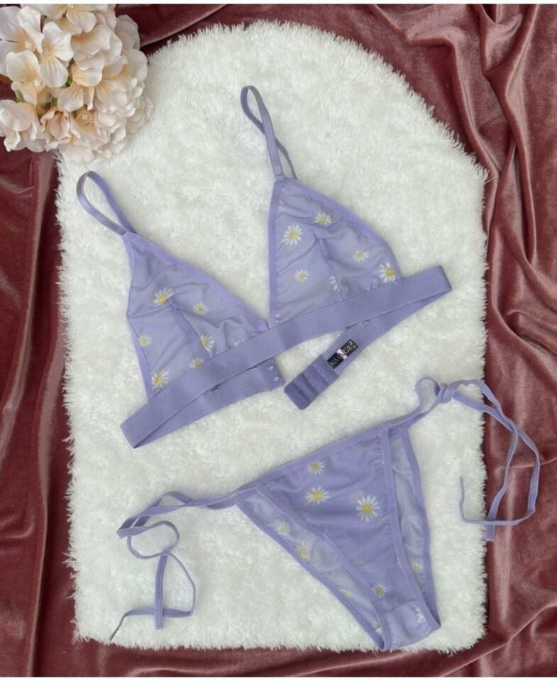 Daisy Kadın Tül Papatya Desenli Transparan Bralet Takım Mavi - L/XL