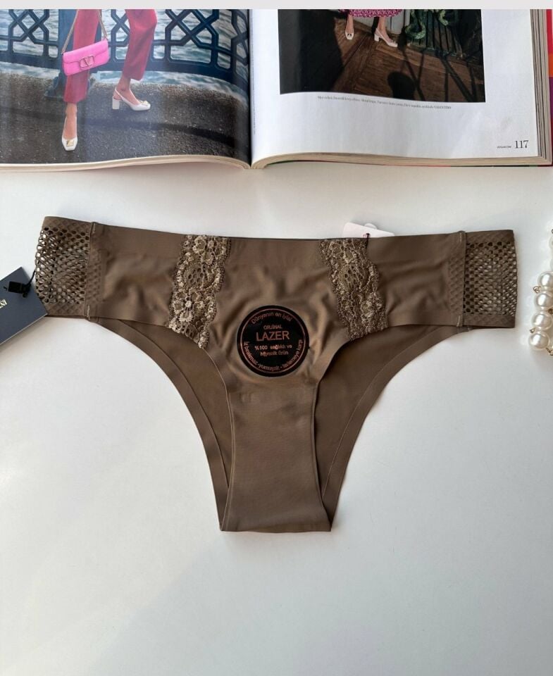 Orijinal Lazer Kesim Üstün Kalite Spandex Invisible Dikişsiz Dantelli Slip- 2804 Haki Yeşil - L