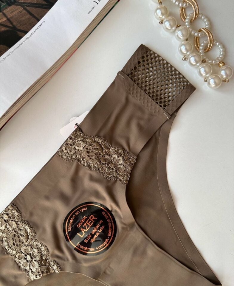 Orijinal Lazer Kesim Üstün Kalite Spandex Invisible Dikişsiz Dantelli Slip- 2804 Haki Yeşil - L