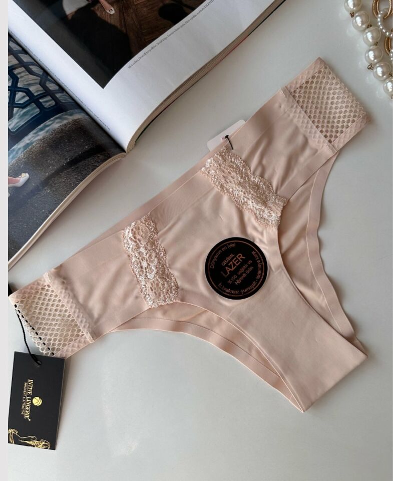 Orijinal Lazer Kesim Üstün Kalite Spandex Invisible Dikişsiz Dantelli Slip- 2804 Pudra  - S