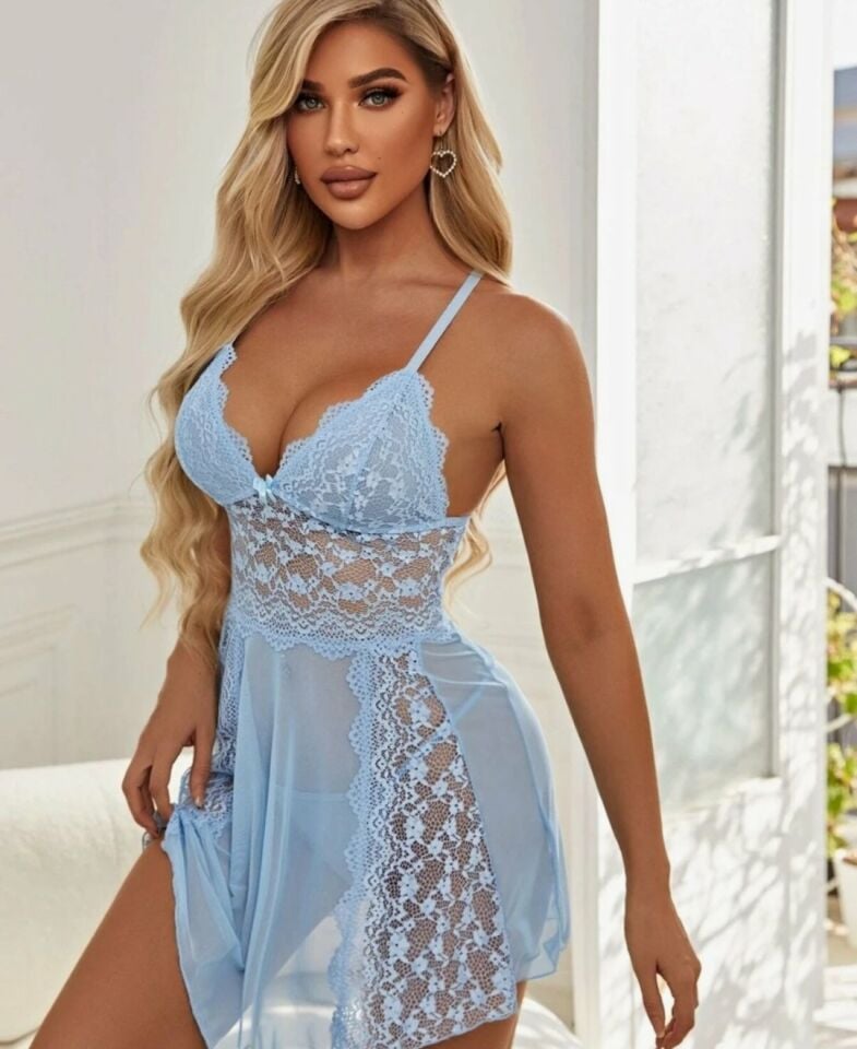 Beleng Dantelli Mavi Transparan Mini Gecelik/Babydoll -6030 Mavi - L/XL