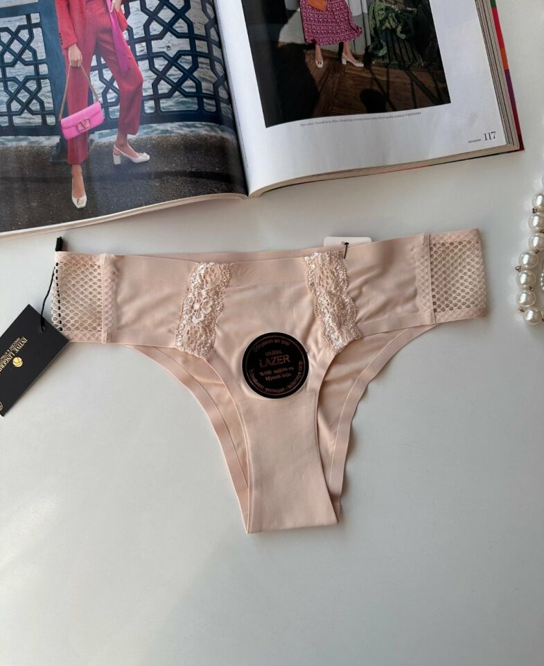 Orijinal Lazer Kesim Üstün Kalite Spandex Invisible Dikişsiz Dantelli Slip- 2804 Pudra  - M