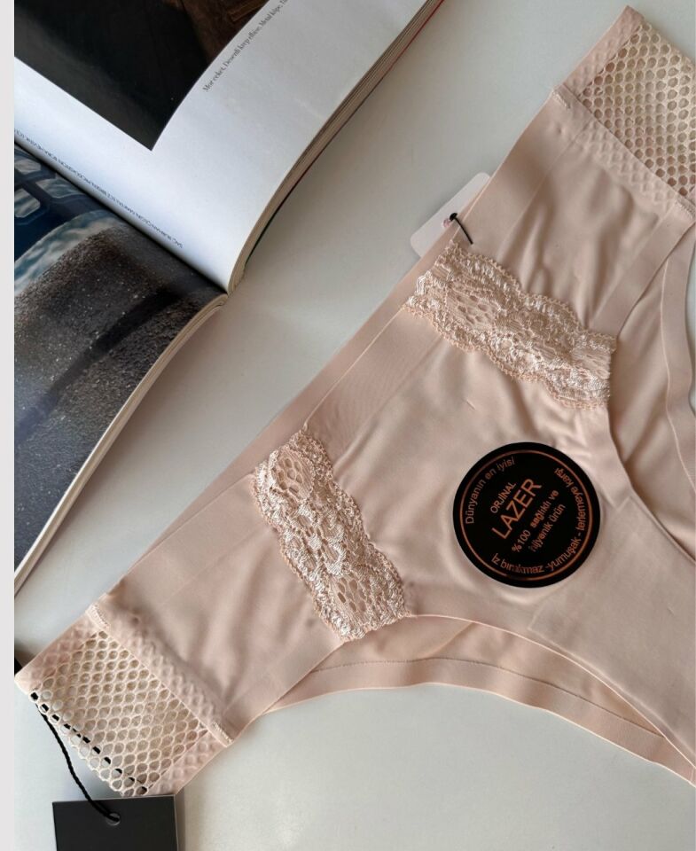 Orijinal Lazer Kesim Üstün Kalite Spandex Invisible Dikişsiz Dantelli Slip- 2804 Pudra  - M