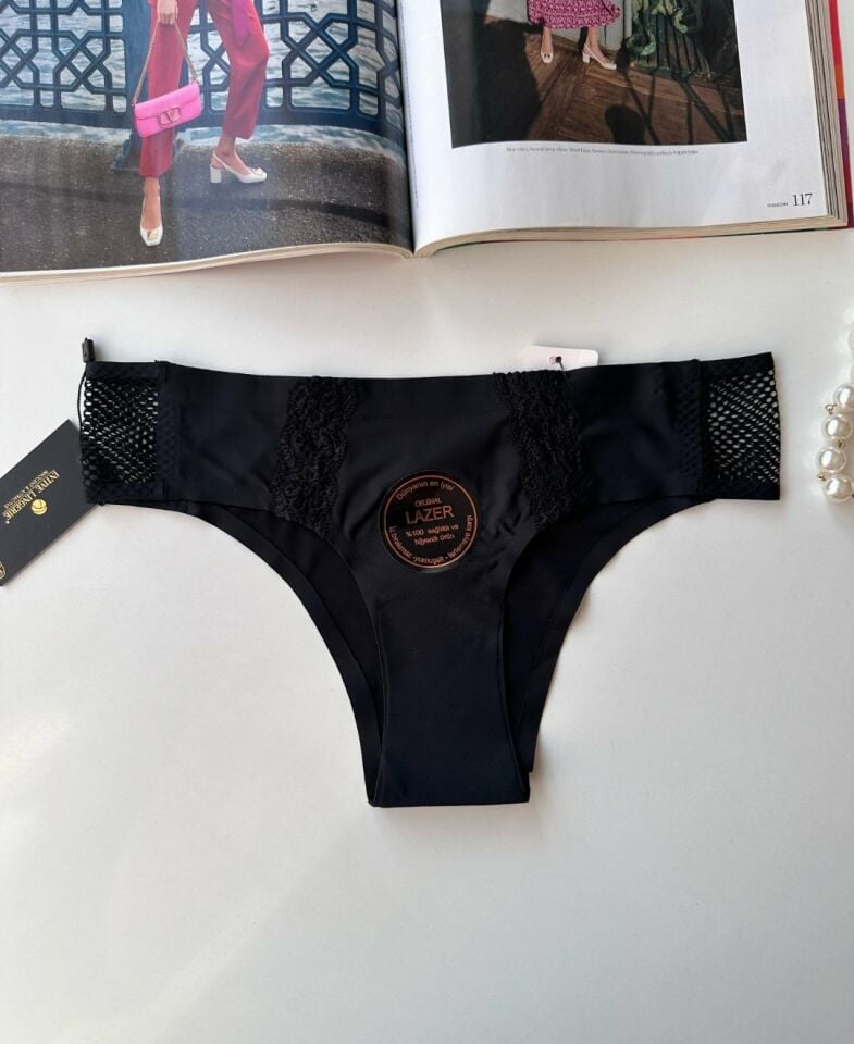 Orijinal Lazer Kesim Üstün Kalite Spandex Invisible Dikişsiz Dantelli Slip- 2804 Siyah - S