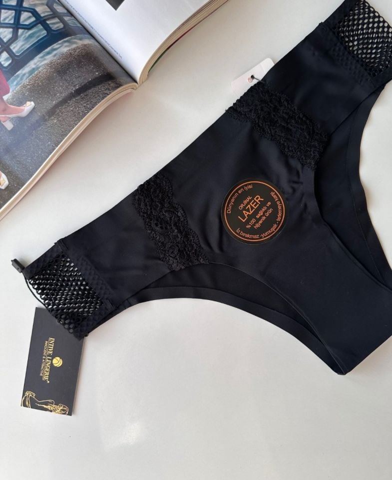 Orijinal Lazer Kesim Üstün Kalite Spandex Invisible Dikişsiz Dantelli Slip- 2804 Siyah - S