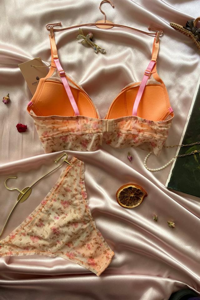 Lilly Kadın Çiçek Desenli Turuncu Askılı Padli Sütyen Takım Bej - 85