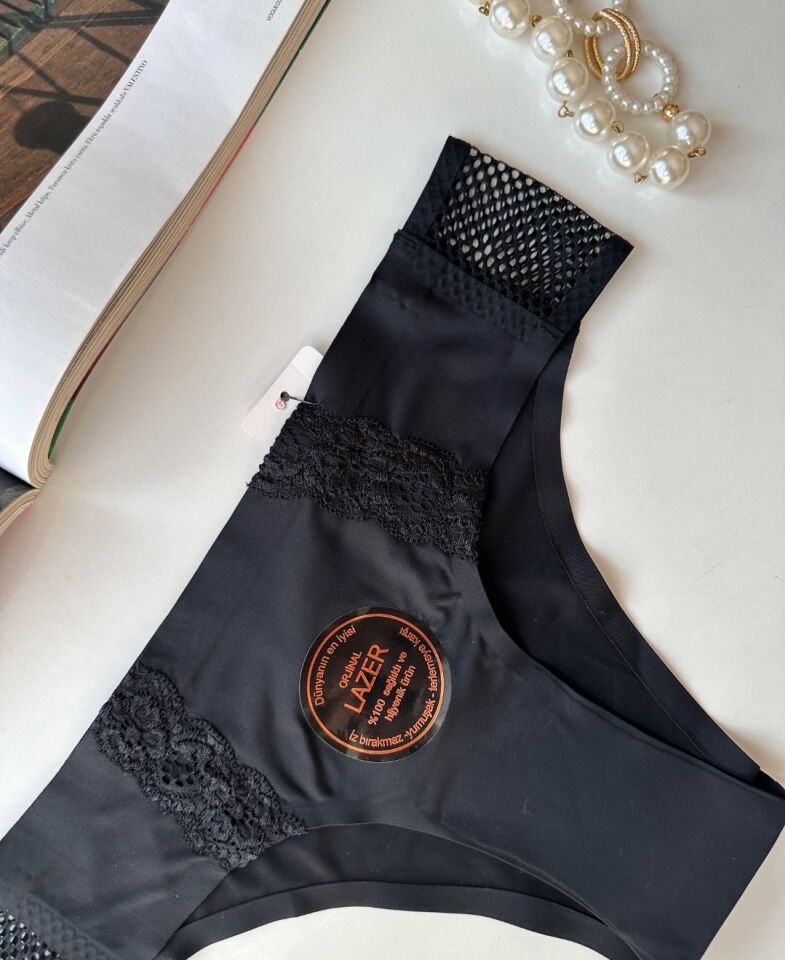 Orijinal Lazer Kesim Üstün Kalite Spandex Invisible Dikişsiz Dantelli Slip- 2804 Siyah - M