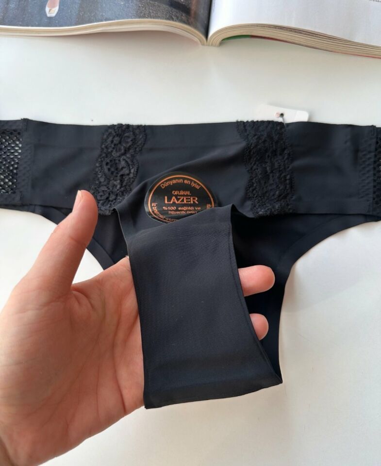 Orijinal Lazer Kesim Üstün Kalite Spandex Invisible Dikişsiz Dantelli Slip- 2804 Siyah - M