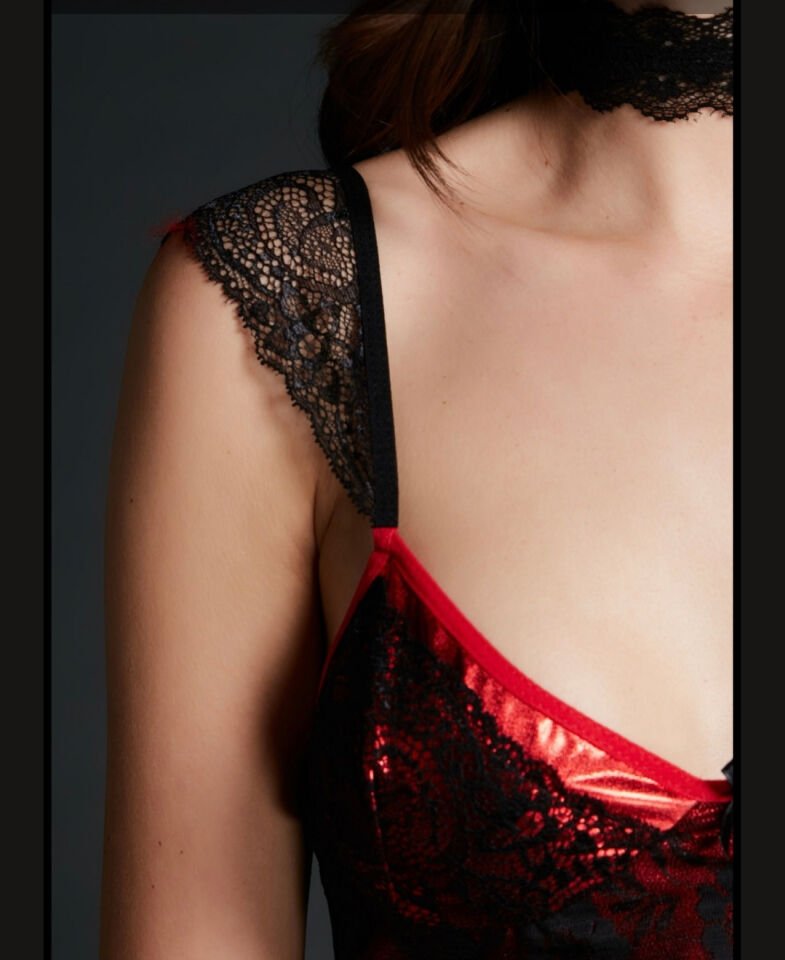Kadın Kırmızı Üstüne Siyah Dantel Detaylı Seksi Mini Elbise Babydoll XL
