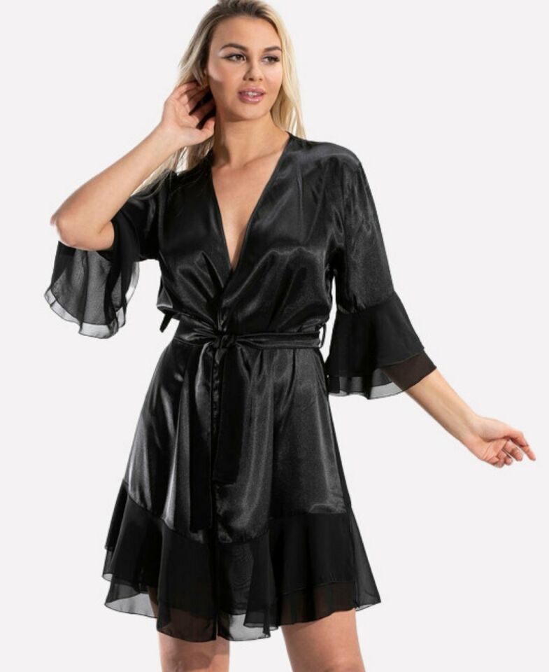 NBB Saten Tül Detaylı Uçları Volanlı Flexifit Sabahlık/Babydoll-3100 Siyah - S