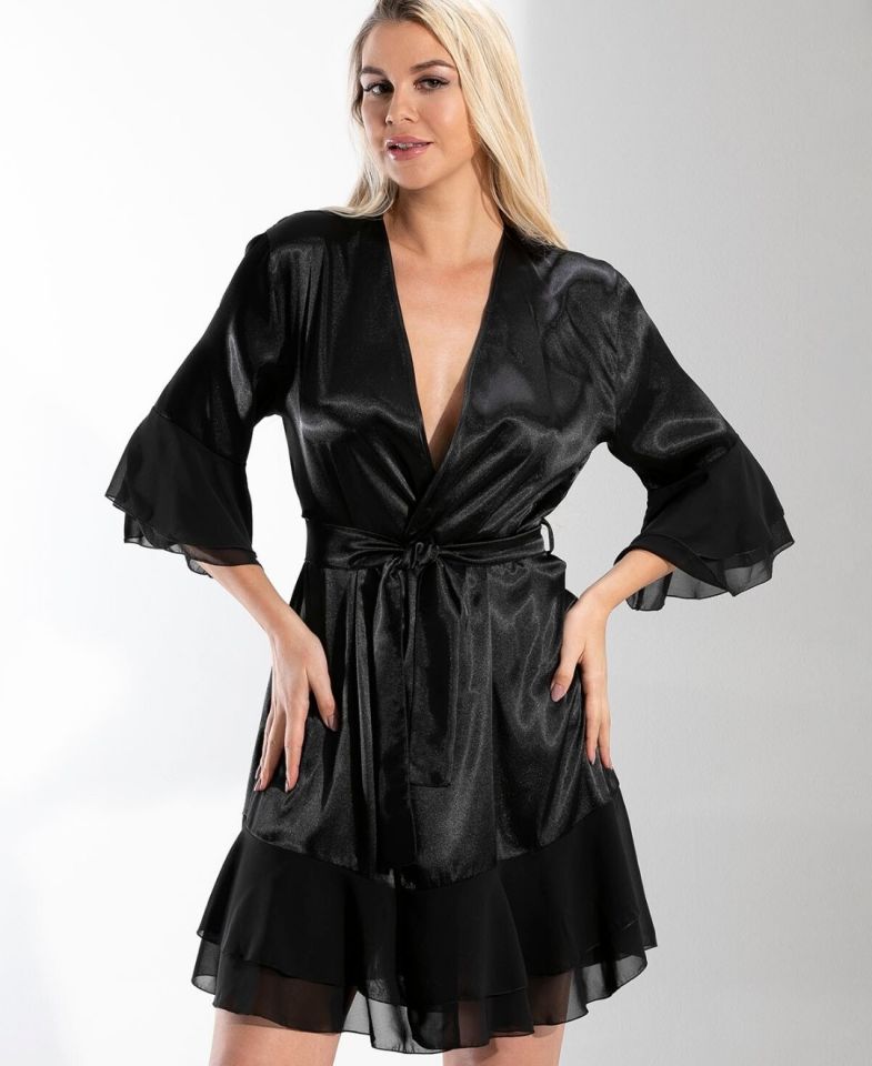 NBB Saten Tül Detaylı Uçları Volanlı Flexifit Sabahlık/Babydoll-3100 Siyah - S