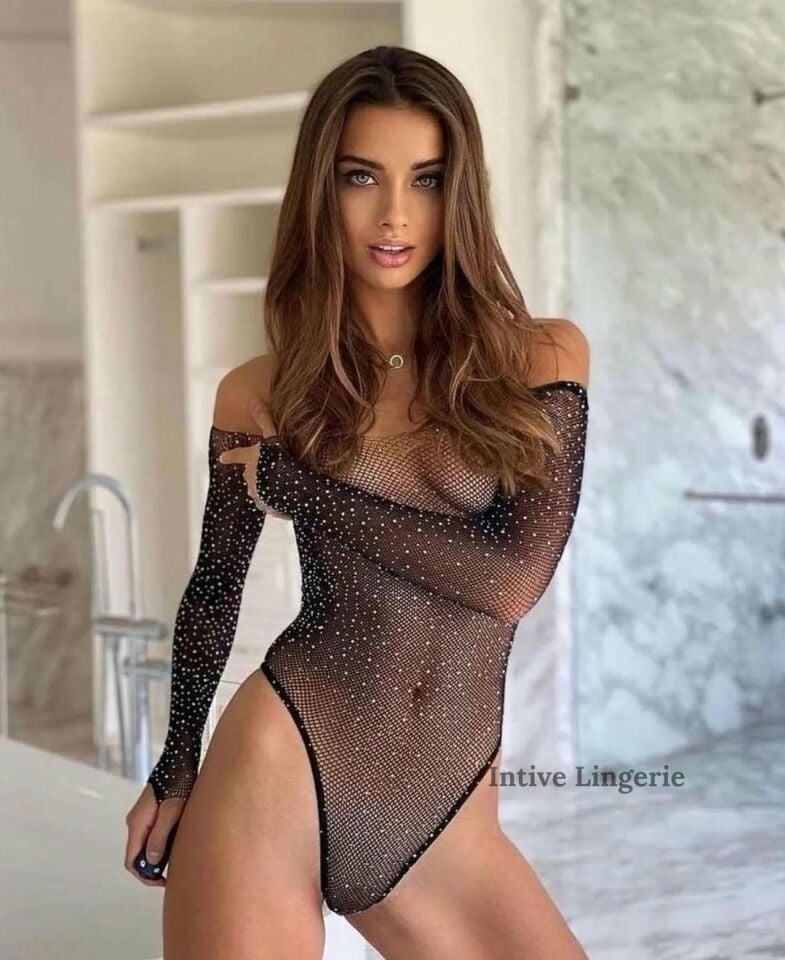 Emery Siyah Fileli Tanga Kesim Taşlı Bodysuit Siyah - Tek Ebat