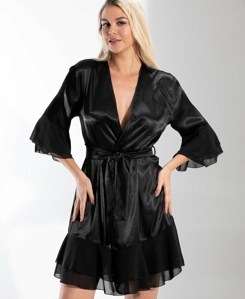NBB Saten Tül Detaylı Uçları Volanlı Flexifit Sabahlık/Babydoll-3100 Siyah - XL