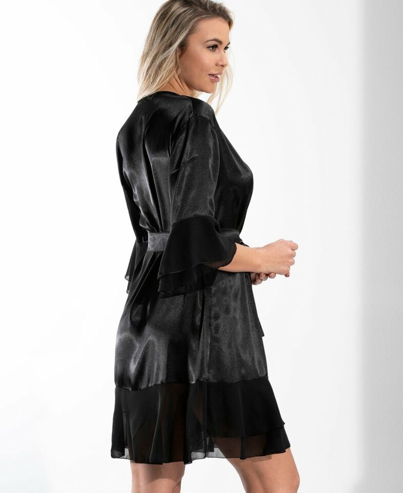 NBB Saten Tül Detaylı Uçları Volanlı Flexifit Sabahlık/Babydoll-3100 Siyah - XL