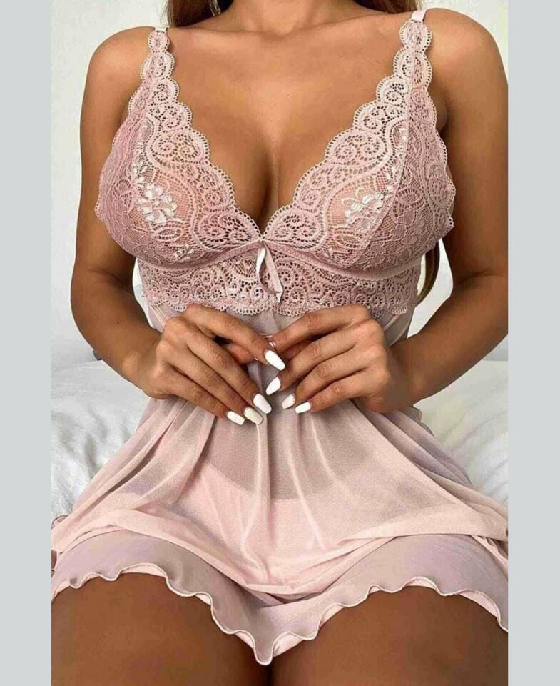 Beleng Pudra Dantelli Transparan İnce Askılı Babydoll -6061 Pudra  - L/XL