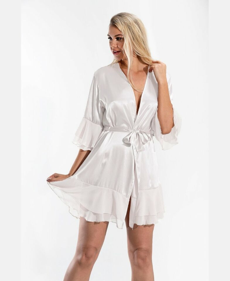 NBB Saten Tül Detaylı Uçları Volanlı Flexifit Sabahlık/Babydoll-3100 Ekru - M