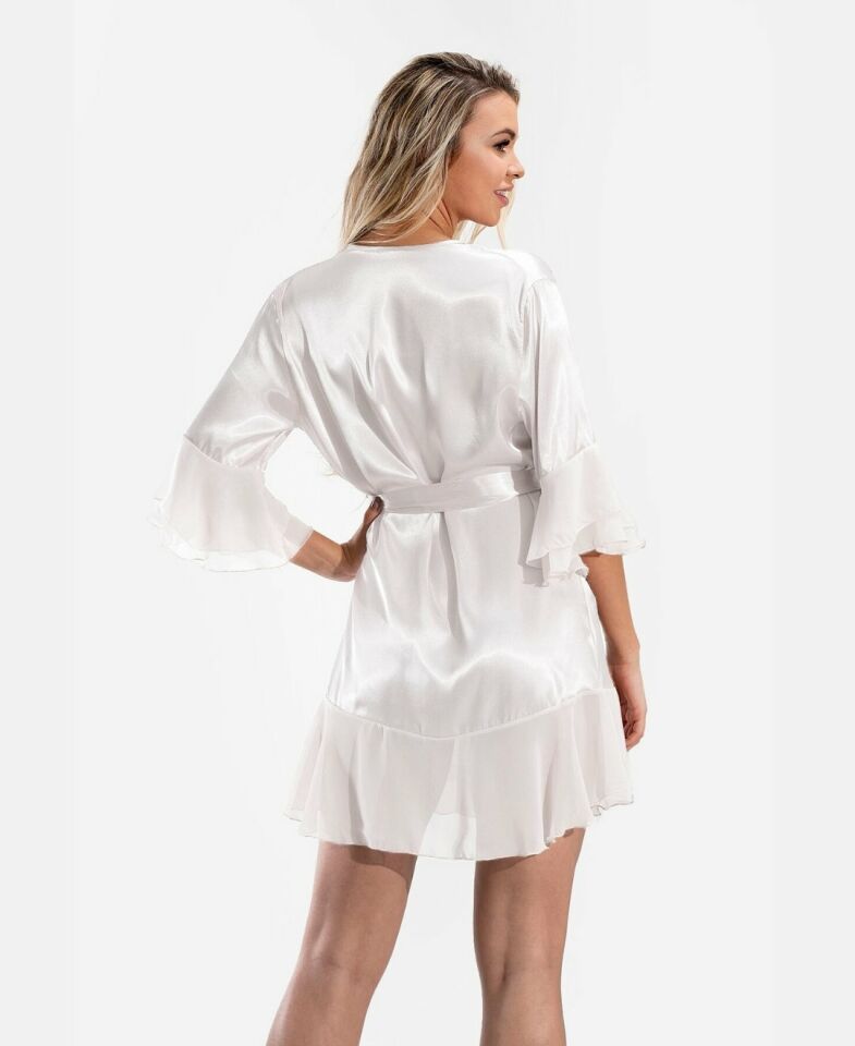 NBB Saten Tül Detaylı Uçları Volanlı Flexifit Sabahlık/Babydoll-3100 Ekru - M