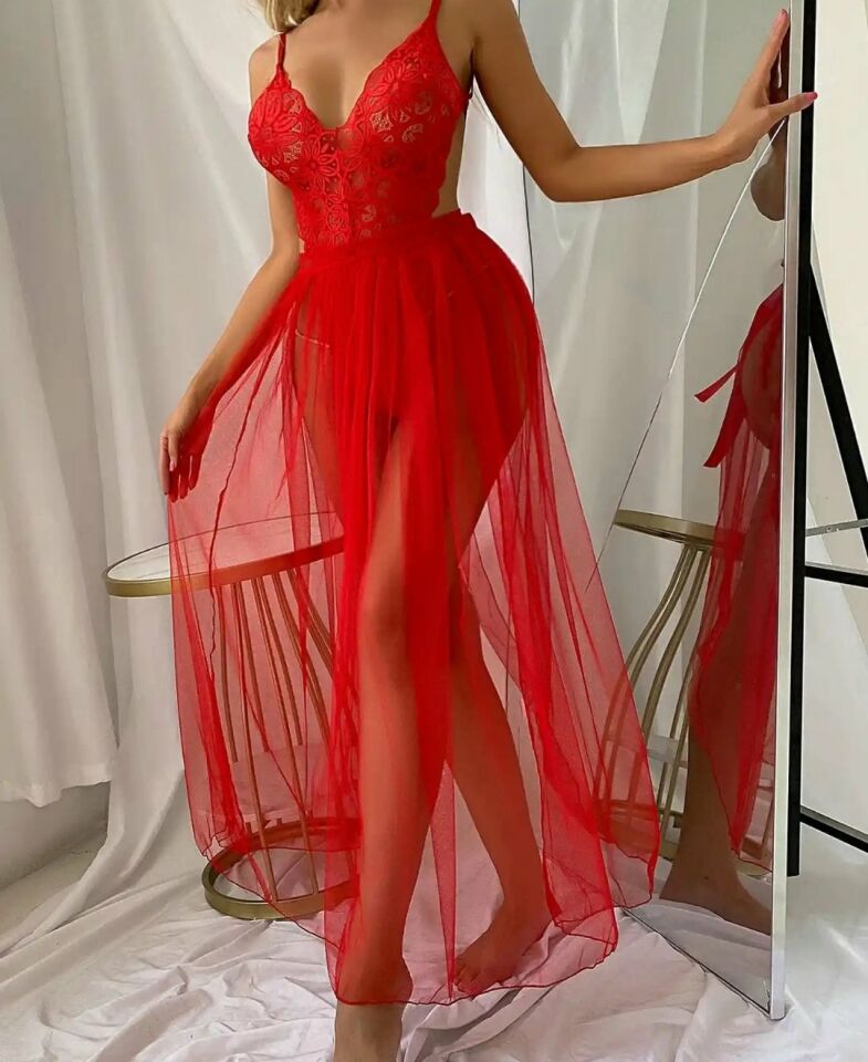 Beleng Dantelli Transparan Bodysuit Tül Etek Body Takım-6410/6412 Beyaz - S/M