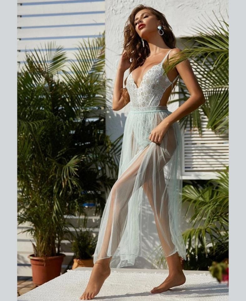 Beleng Dantelli Transparan Bodysuit Tül Etek Body Takım-6410/6412 Beyaz - S/M