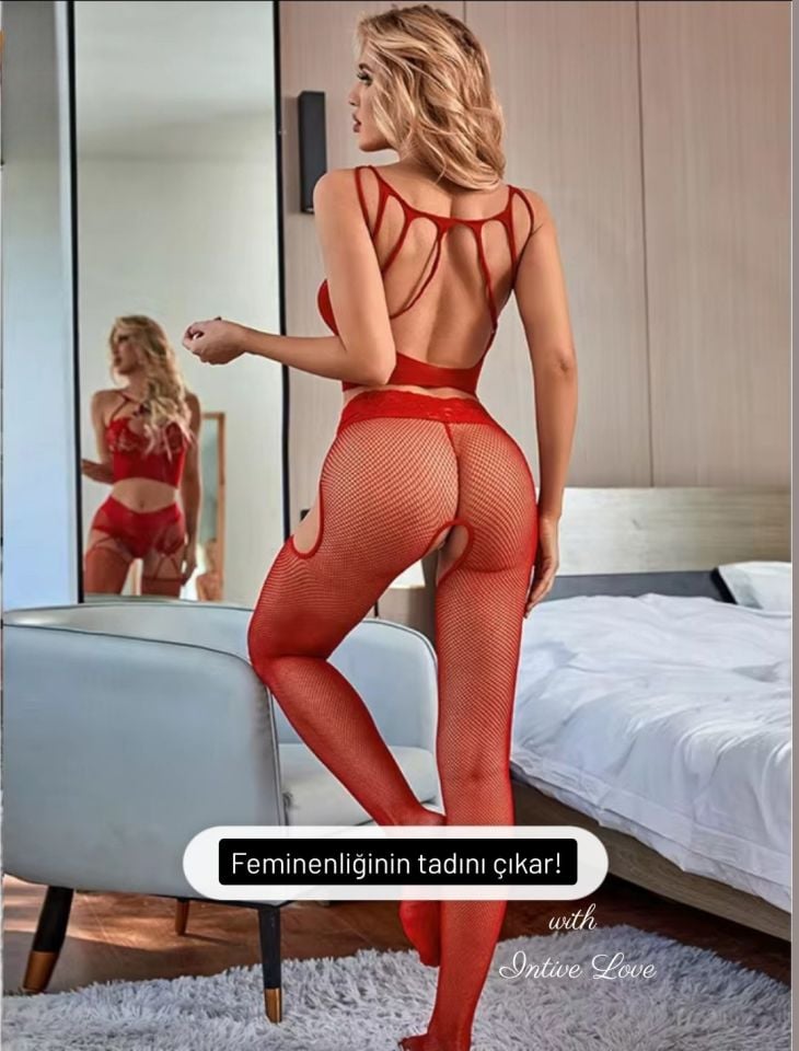 Intive Love Kırmızı Fileli Önü ve Arkası Dekolteli Büstiyer Jartiyerli Çorap Takım/Vücut Çorabı Kırmızı - Standart