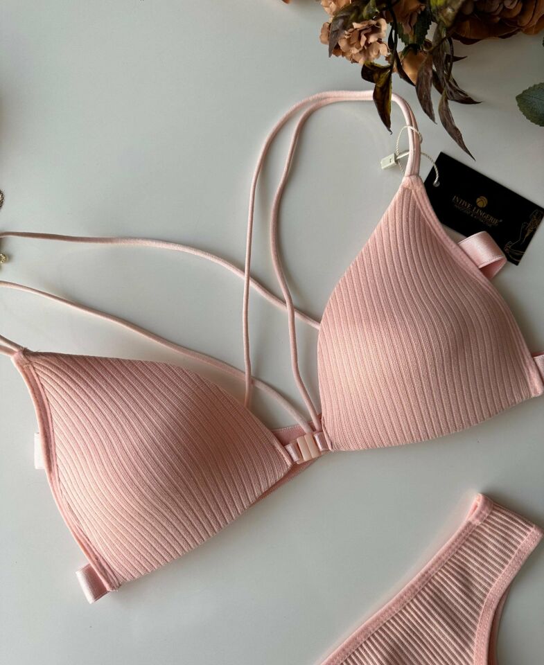 Mae Pamuklu Arkası Çapraz İpli Önden Kopçalı Sütyen Takım Pembe - M-L