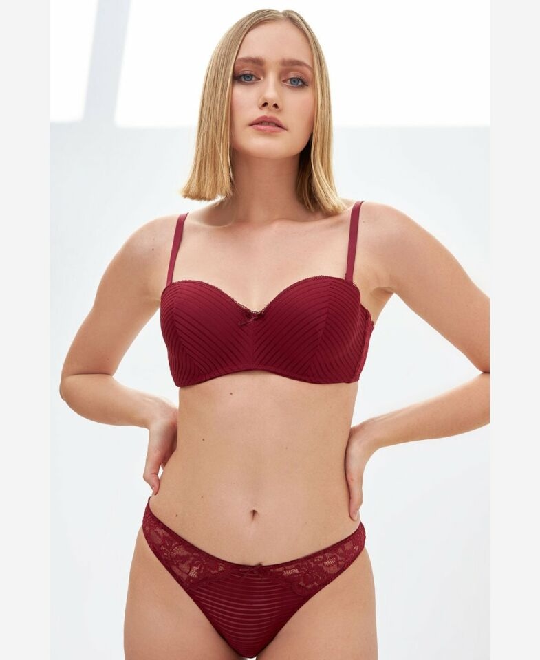 NBB Dantelli Desteksiz Balensiz Lotus Kesim Sütyen Takım -4645 Bordo - 85