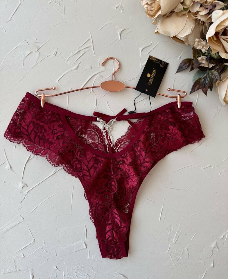 Kadın Bordo Dantelli Arkası Kelebek Taşlı Yüksek Bel Cut-Out Tanga-8016 Bordo - S/M