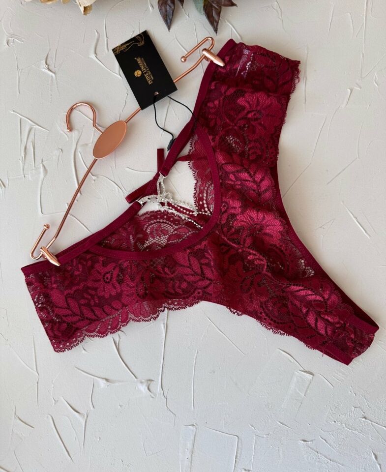Kadın Bordo Dantelli Arkası Kelebek Taşlı Yüksek Bel Cut-Out Tanga-8016 Bordo - S/M