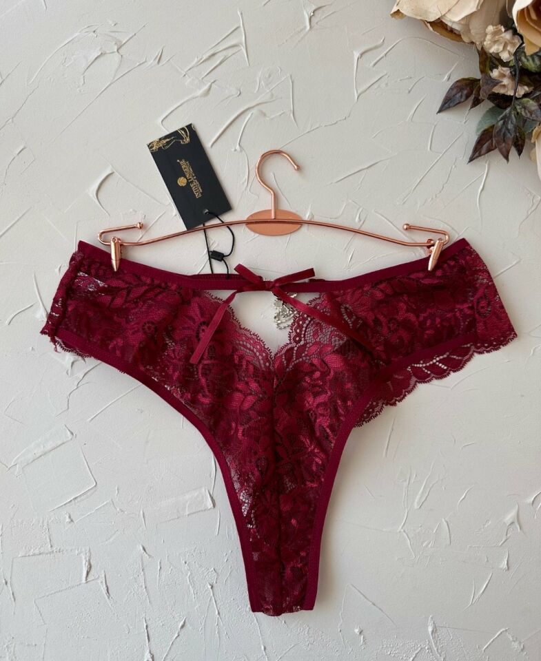 Kadın Bordo Dantelli Arkası Kelebek Taşlı Yüksek Bel Cut-Out Tanga-8016 Bordo - L/XL