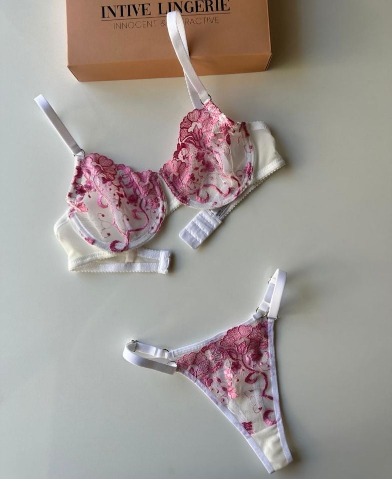 Intive Rosemery  Pembe Çiçek Desenli Transparan Tangalı Sütyen Takım (özel üretim)