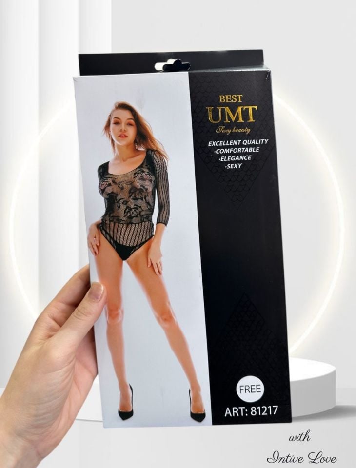 Intive Kolları ve Göbeği Çizgili Transparan Göğsü Dantel Görünümlü Tanga Kesim Bodysuit Siyah - Standart