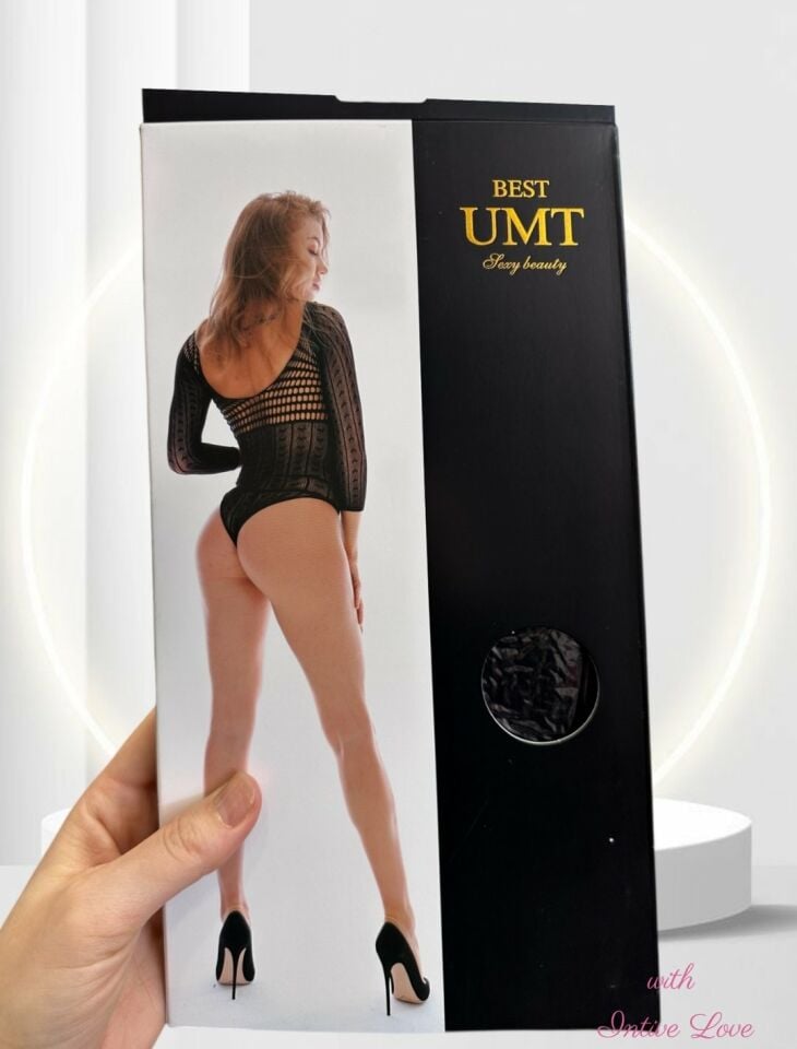 Intive Kolları ve Göbeği Çizgili Transparan Göğsü Dantel Görünümlü Tanga Kesim Bodysuit Siyah - Standart