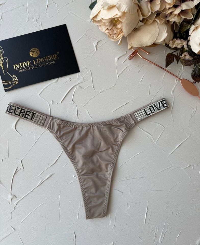 Doja Yoğun Taşlı Love Secret Yazılı Ağı Pamuklu İthal Saten Tanga Bej - L