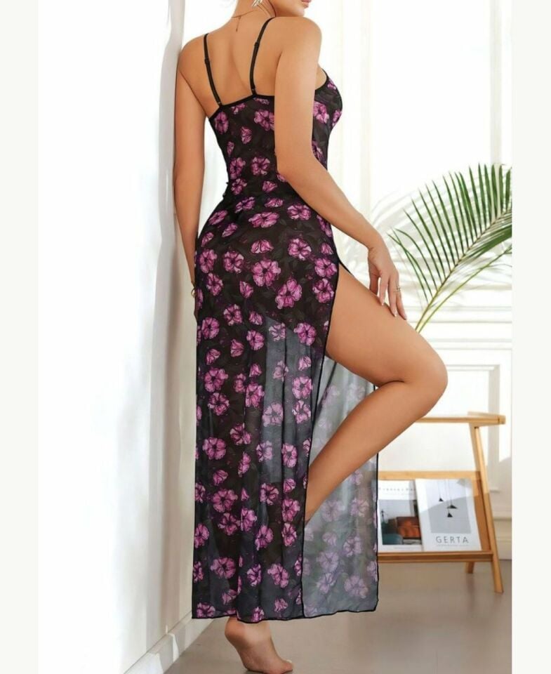 Kadın Siyah Pembe Çiçekli Transparan Uzun Yırtmaçlı Fantezi Babydoll/Gecelik-3690 Siyah/Pembe - L/XL