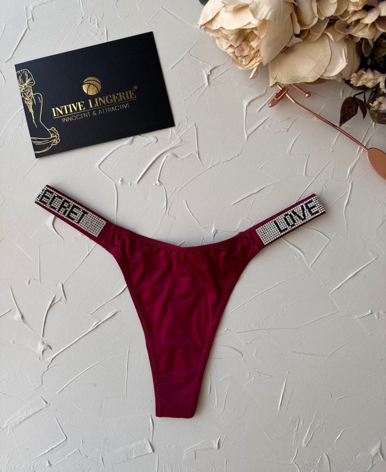 Doja Yoğun Taşlı Love Secret Yazılı Ağı Pamuklu İthal Saten Tanga Bordo - S