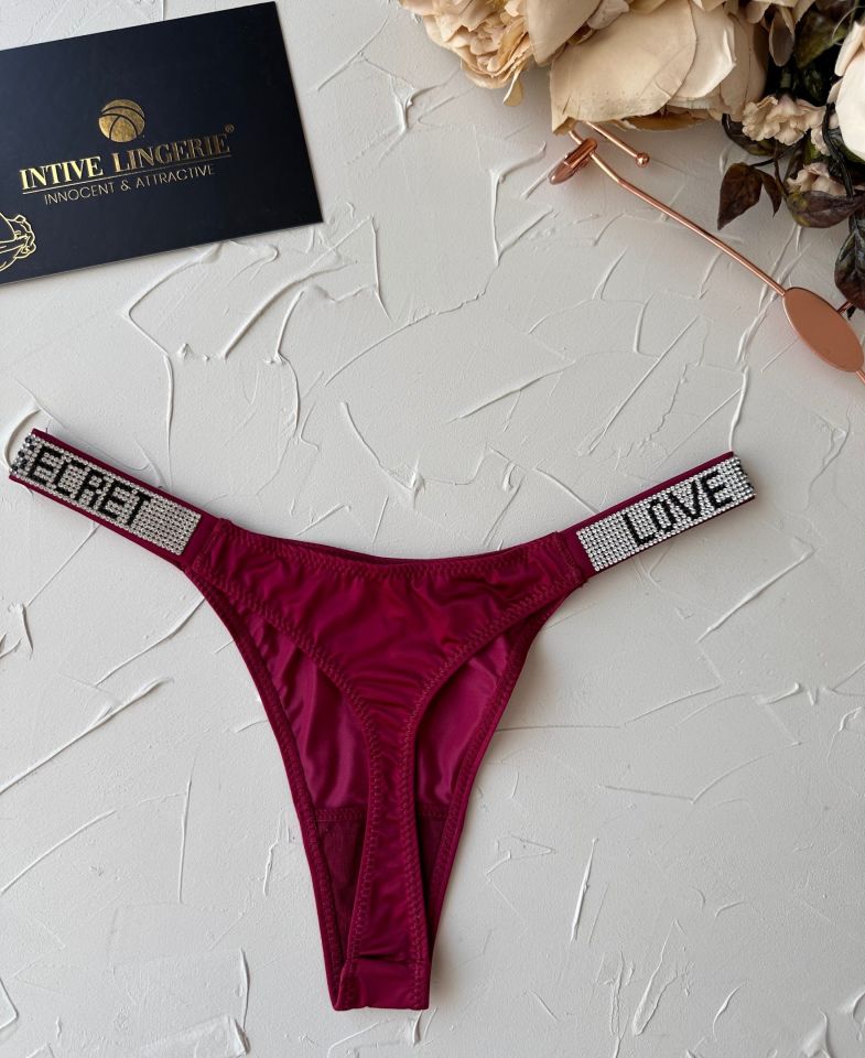 Doja Yoğun Taşlı Love Secret Yazılı Ağı Pamuklu İthal Saten Tanga Bordo - S