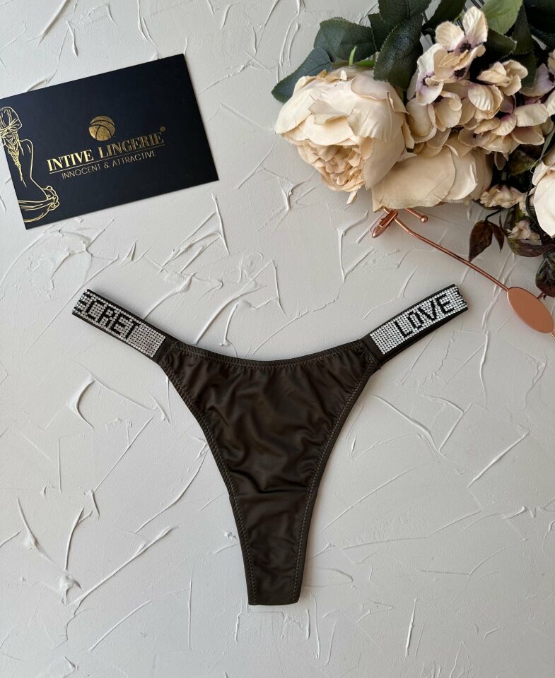Doja Yoğun Taşlı Love Secret Yazılı Ağı Pamuklu İthal Saten Tanga Haki Yeşil - S