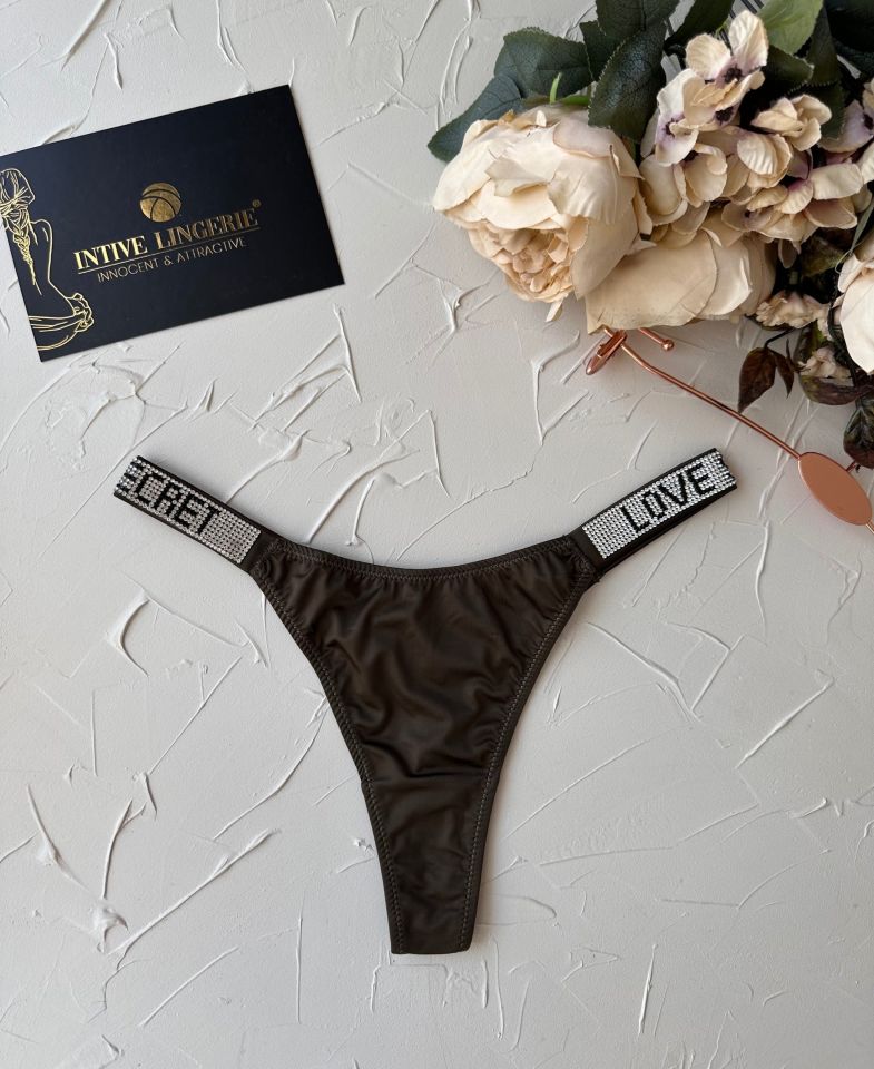 Doja Yoğun Taşlı Love Secret Yazılı Ağı Pamuklu İthal Saten Tanga Haki Yeşil - L