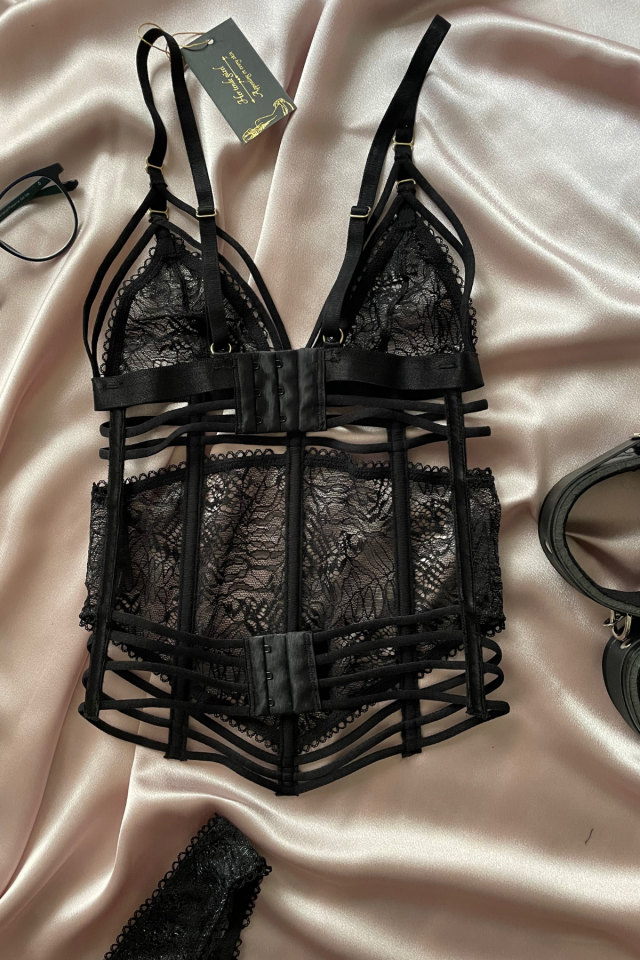Kadın Simli Korse Tasarım Büstiyer Tanga Seksi Sütyen Takım Siyah - XL