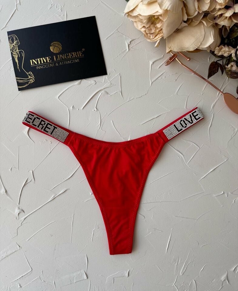 Doja Yoğun Taşlı Love Secret Yazılı Ağı Pamuklu İthal Saten Tanga Kırmızı - S
