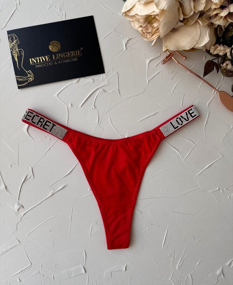 Doja Yoğun Taşlı Love Secret Yazılı Ağı Pamuklu İthal Saten Tanga Kırmızı - L