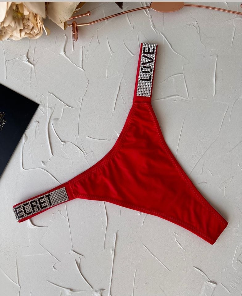 Doja Yoğun Taşlı Love Secret Yazılı Ağı Pamuklu İthal Saten Tanga Kırmızı - L