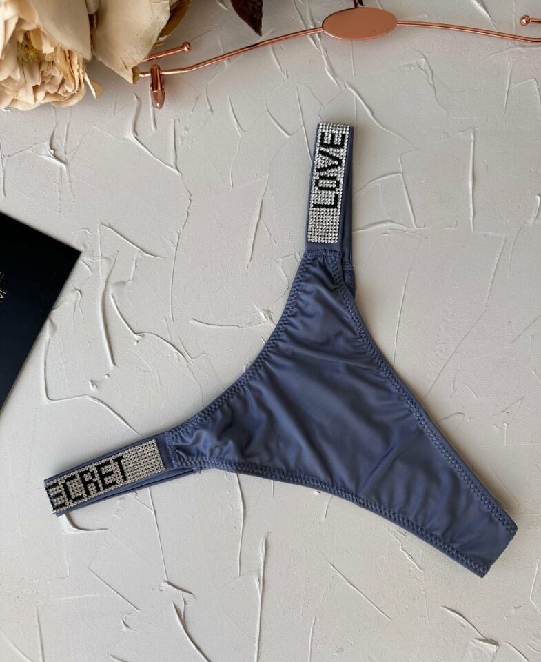 Doja Yoğun Taşlı Love Secret Yazılı Ağı Pamuklu İthal Saten Tanga Mavi - S