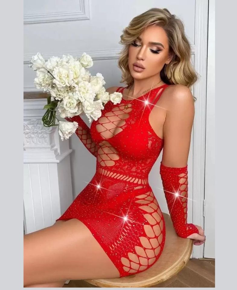 Kırmızı File Detaylı Taşlı Transparan Mini Vücut Çorabı/Elbise/Eldiven -4851 Kırmızı - Tek Ebat
