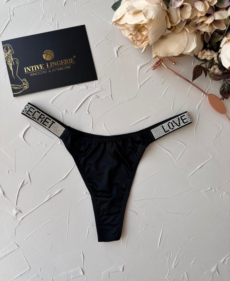 Doja Yoğun Taşlı Love Secret Yazılı Ağı Pamuklu İthal Saten Tanga Siyah - L