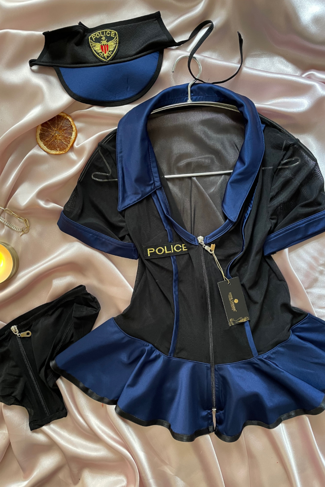 Kadın Lacivert Siyah Transparan Seksi Fantezi Polis Kostüm Lacivert - M/L